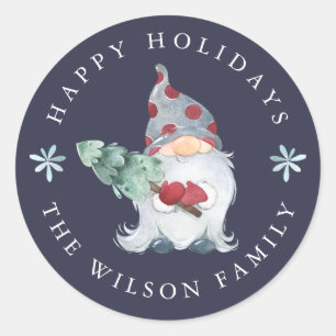 Sticker Rond Joyeuses Fêtes Gnome Sapin de Noël