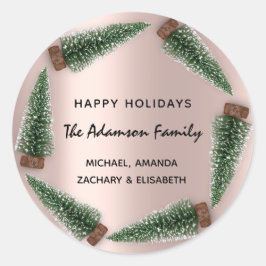 Sticker Rond Joyeuses fêtes Joyeux sapin de Noël Nom Rose