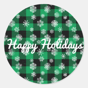Sticker Rond Joyeuses fêtes l Snowflakes Green Buffalo Plaid