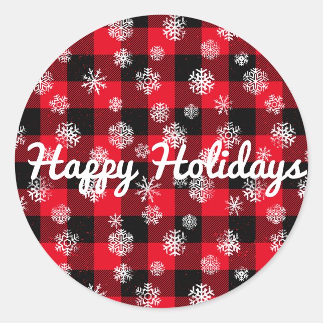 Sticker Rond Joyeuses fêtes l Snowflakes Red Buffalo Plaid (Devant)