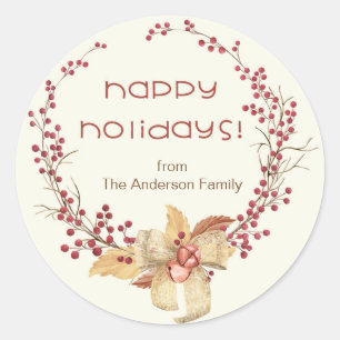Sticker Rond Joyeuses fêtes naturelles Berry Wreath