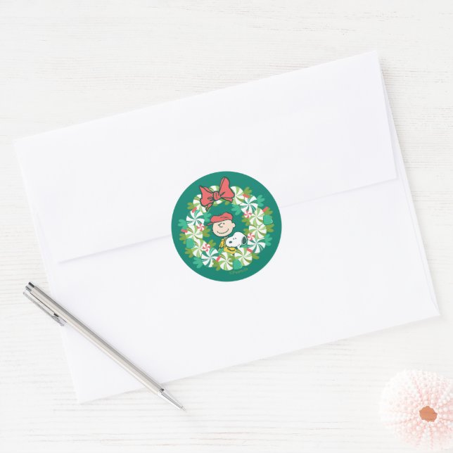 Sticker Rond Joyeuses fêtes | Wreath de bonbon de menthe poivré (Enveloppe)