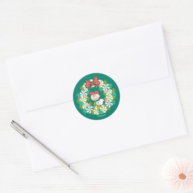 Sticker Rond Joyeuses fêtes | Wreath de bonbon de menthe poivré (Enveloppe)