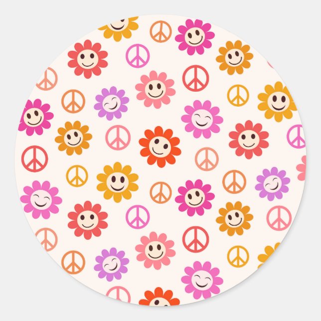 Sticker Rond Joyeuses Fleurs souriantes motif avec des signes d (Devant)