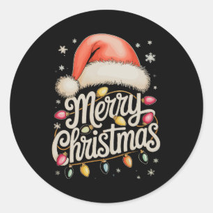 Sticker Rond Joyeuses lumières de Noël Santa Hat Famille Noël