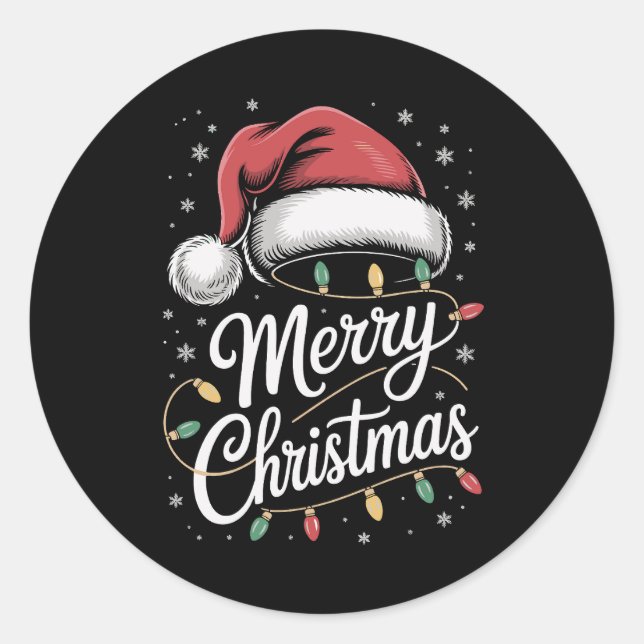 Sticker Rond Joyeuses lumières de Noël Santa Hat Famille Noël (Devant)