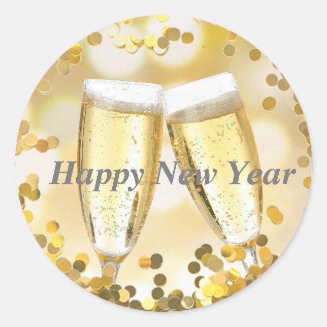Sticker Rond Joyeuses Lunettes de Champagne du Nouvel An (Devant)