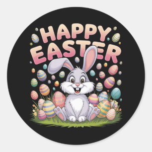 Sticker Rond Joyeuses Pâques 2025  Œufs Lapin Mignon