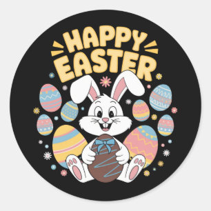 Sticker Rond Joyeuses Pâques 2025 Œufs Lapin Mignon