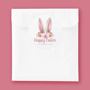 Sticker Rond Joyeuses Pâques aux oreilles de lapin florales ros