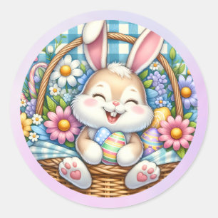 Sticker Rond Joyeuses Pâques avec un lapin mignon, des œufs et