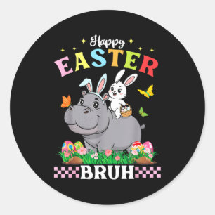 Sticker Rond Joyeuses Pâques Frère Hippopotame Mignon Oreilles
