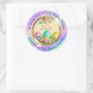 Sticker Rond Joyeuses Pâques I Cadeaux d'œufs de Pâques floraux
