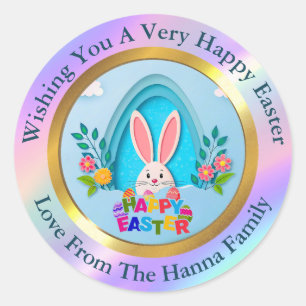 Sticker Rond Joyeuses Pâques I Lapin personnalisé et floral de