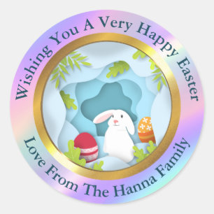 Sticker Rond Joyeuses Pâques - Lapin et Œufs Fleuris Favori