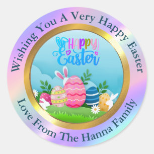Sticker Rond Joyeuses Pâques - Lapin Floral & Œufs Favori