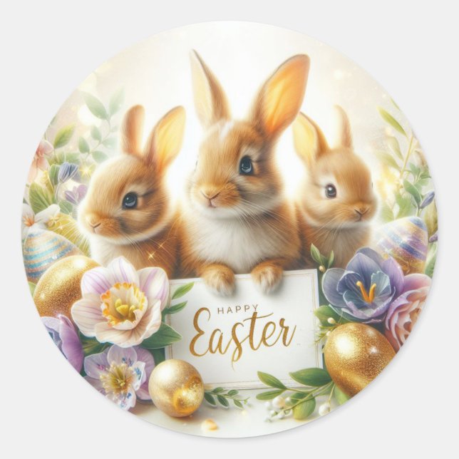 Sticker Rond Joyeuses Pâques, Lapins, Œufs de Pâques et Fleurs (Devant)