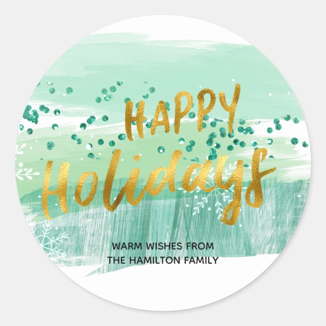 Sticker Rond Joyeuses vacances Artsy Vert Aquarelle Or (Devant)