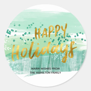 Sticker Rond Joyeuses vacances Artsy Vert Aquarelle Or