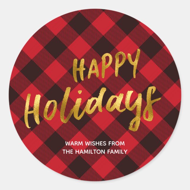 Sticker Rond Joyeuses vacances Buffalo Red Plaid et Gold Foil (Devant)