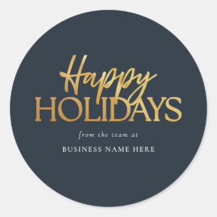 Sticker Rond Joyeuses Vacances Moderne Bleu Or Script Business