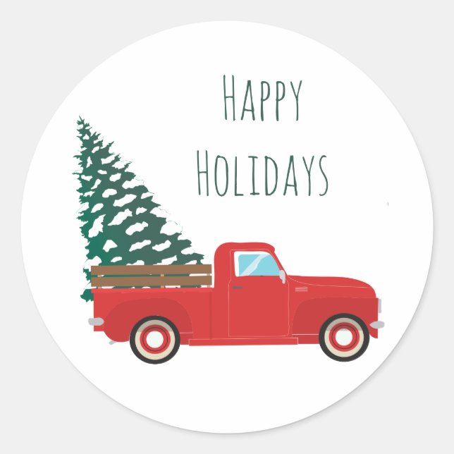 Sticker Rond Joyeuses vacances Pickup Truck Arbre de Noël Rouge (Devant)