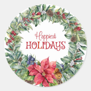 Sticker Rond Joyeuses vacances Poinsettia