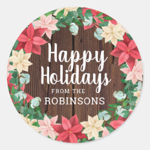 Sticker Rond Joyeuses vacances Poinsettia bois foncé