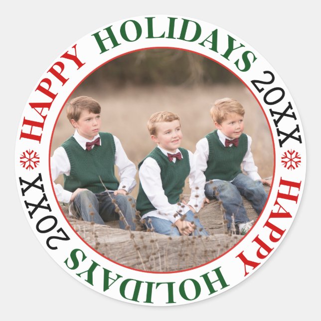 Sticker Rond Joyeuses vacances rouge et vert photo de Noël (Devant)