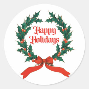 Sticker Rond Joyeuses vacances Vintage Holly Noël Wreath