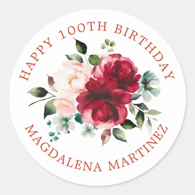 Sticker Rond Joyeux 100e anniversaire Floral Custom Envelope Sc (Devant)