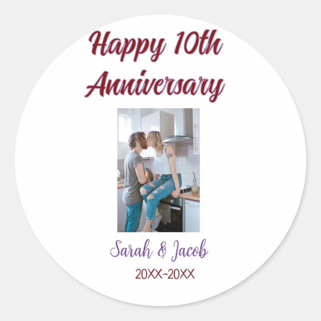Sticker Rond Joyeux 10e anniversaire photo mariage nom du coupl (Devant)