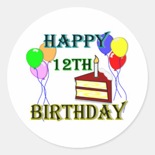Sticker Rond Joyeux 12ème anniversaire avec le gâteau, les