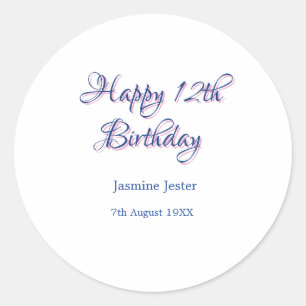 Sticker Rond joyeux 12ème anniversaire bleu rose nom date simpl