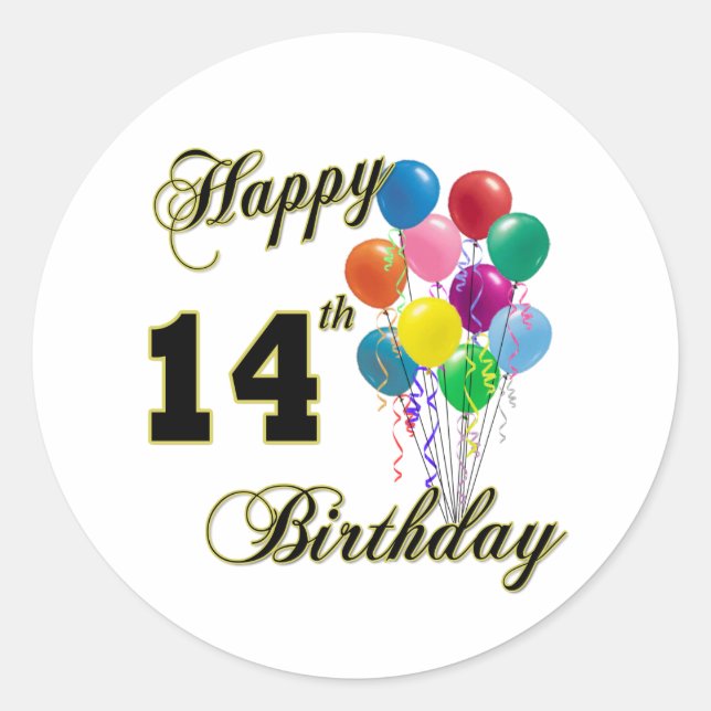Sticker Rond Joyeux 14e anniversaire cadeaux et vêtements d'ann (Devant)