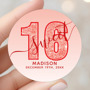 Sticker Rond Joyeux 16e Anniversaire écriture pailletée rouge