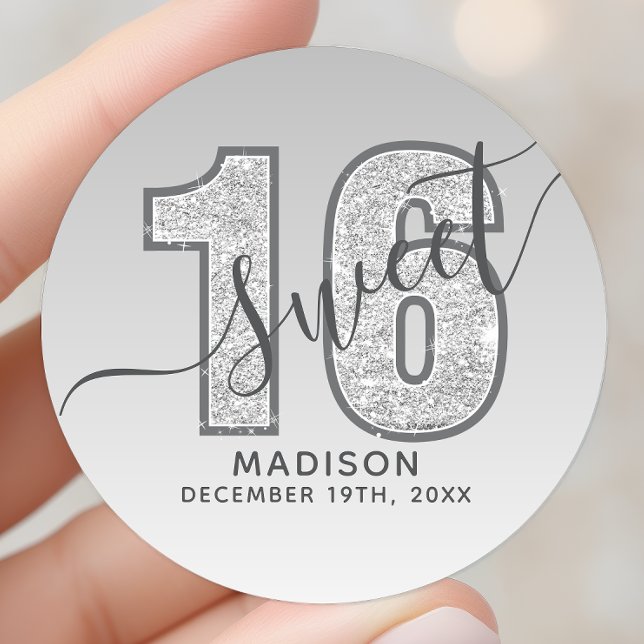 Sticker Rond Joyeux 16e anniversaire écriture paillettes argent (Créateur téléchargé)