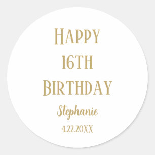 Sticker Rond Joyeux 16e anniversaire Seize Or personnalisé Nom 