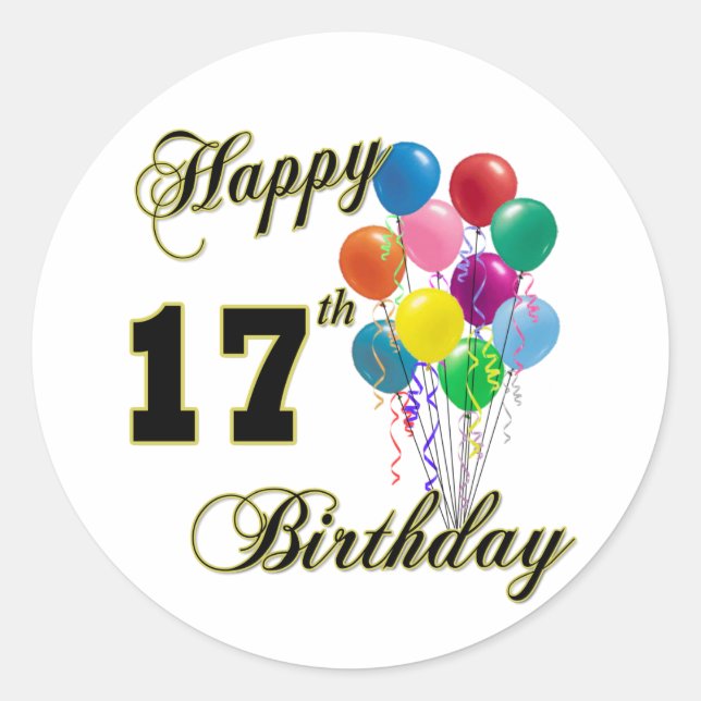 Sticker Rond Joyeux 17ème anniversaire design avec ballons (Devant)