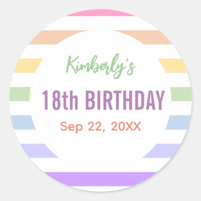 Sticker Rond Joyeux 18ème anniversaire en Rainbow Stripes (Devant)