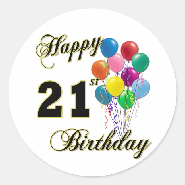 Sticker Rond Joyeux 21e anniversaire avec ballons (Devant)