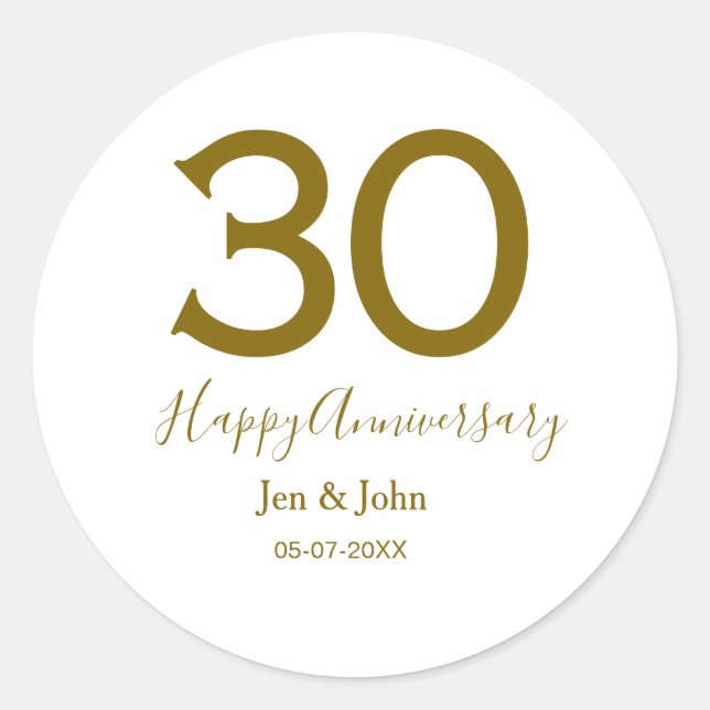 Sticker Rond Joyeux 30e anniversaire nom date golden bold lette (Devant)
