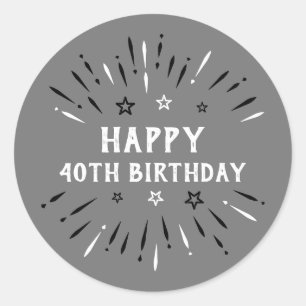 Sticker Rond Joyeux 40e anniversaire Feu d'artifice gris noir b