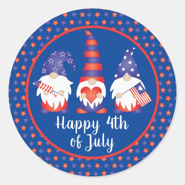Sticker Rond Joyeux 4 juillet Gnomes Rouge Blanc Bleu (Devant)