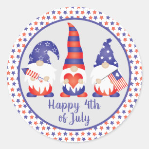 Sticker Rond Joyeux 4 juillet Gnomes Rouge Blanc Bleu