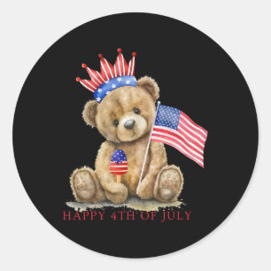Sticker Rond Joyeux 4 juillet Patriote Ourson Mignon Femmes Fil