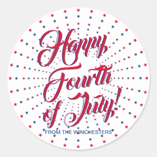 Sticker Rond Joyeux 4 Juillet rouge blanc bleu étoiles personna (Devant)