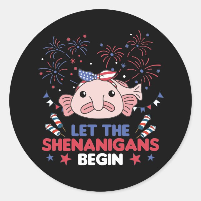 Sticker Rond Joyeux 4ème Blobfish sucré avec Fireworks Amérique (Devant)