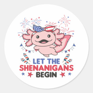 Sticker Rond Joyeux 4ème mignonne Axolotl avec Fireworks Americ