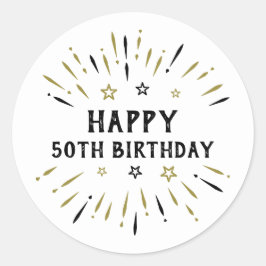 Sticker Rond Joyeux 50e anniversaire feux d'artifice Blanc Blac